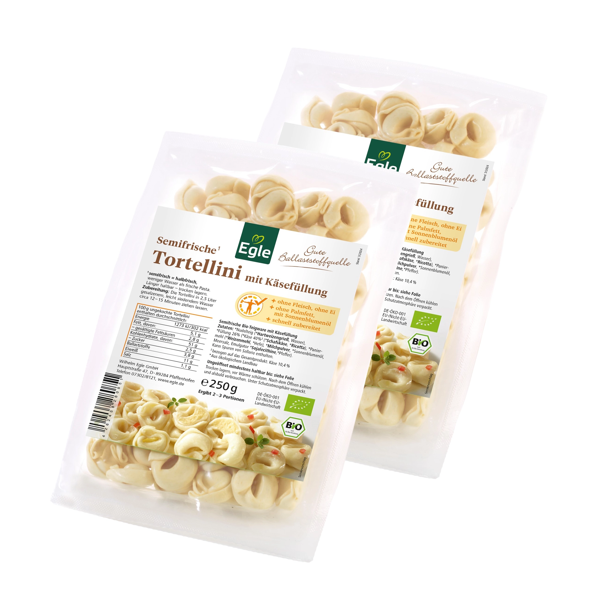 Bio Tortellini mit Käsefüllung, 2 x 250 g